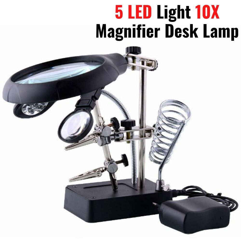 5 LED Light 10X Magnifier Desk Lamp Repair Clamp Desktop Magnifying