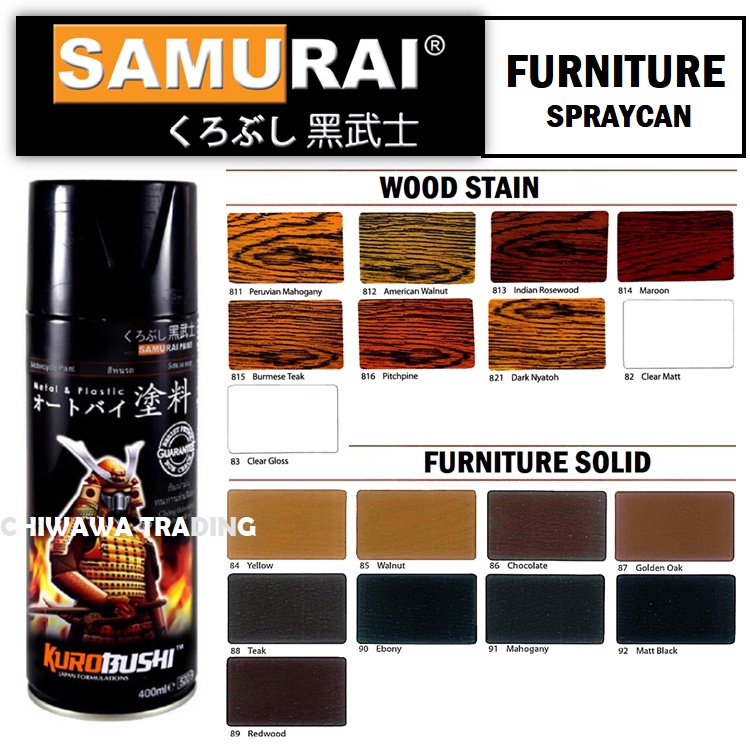 Samurai 400mL Colours Furniture Spraycan Solid Wood Stain Varnish Lacquer Shellac Gloss Aerosol