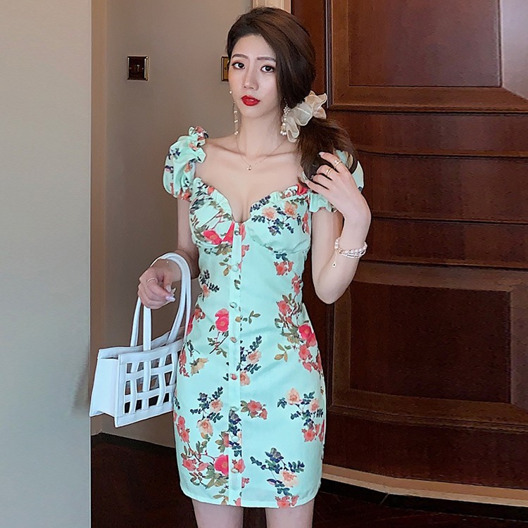 ™△►French style floral wood ear puff sleeve waist dress 2020 new summer retro cotton and linen oil painting skirt