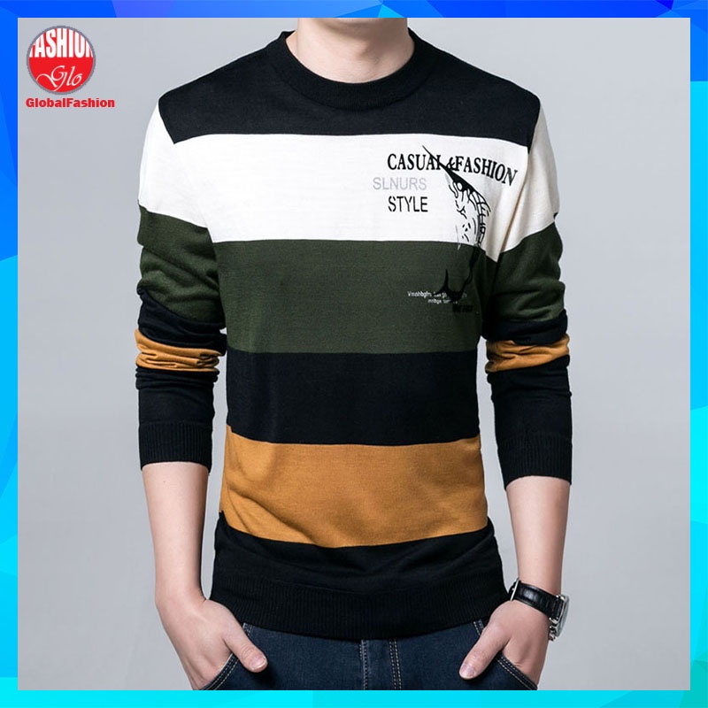 Men Long Sleeve Stripe T-Shirt Baju T Shirt Lelaki Lengan Panjang Belang Smart Casual Round Neck Tee Size M L XL 2XL 3XL