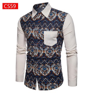 Men Casual Printing Shirts Long Sleeve Slim  Fit  Linen 