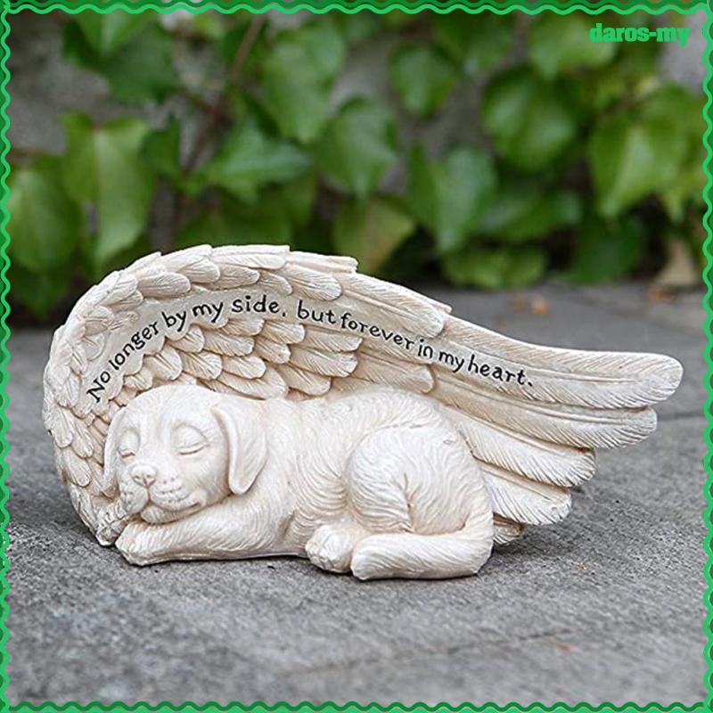 [DarosMY] Sleeping Dog in Angel Wing Sculpture Pet Memorial Statue Grave Marker Tribute, Resin Craft Outdoor Garden Yard Ornament Decor