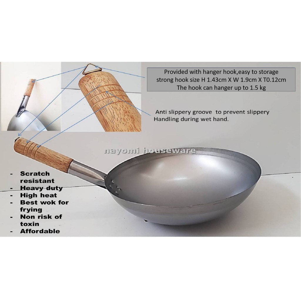 1 piece 40cm Carbon Steel Deep Shape Wok with Wood Handler and hanger