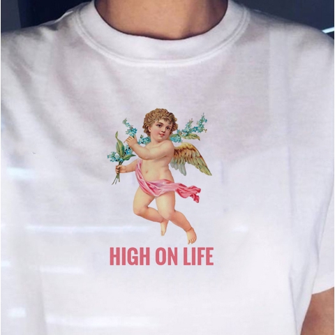High On Life Angel Tshirt Ulzzang Tumblr Angel Printed White T