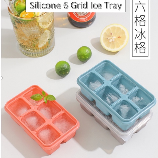 6 Grid Ice Tray With Lid Silicone Cubic Mold Ice Maker Box Kotak Ais带盖6格冰格硅胶正方体模具制冰盒