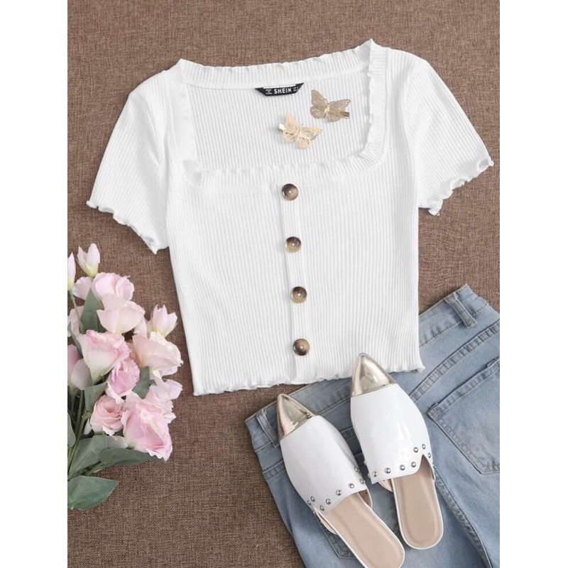 Square Collar Ribbed Crochet Shirt with Buttons