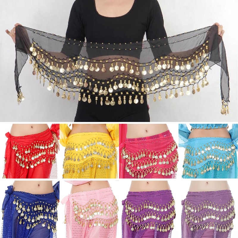 Belly Dance Belt Costumes Sequins Tassel Belly Dance Hip Scarf for Women Belly Dancing Belts Indain Wavy Line Coin Dance Belt