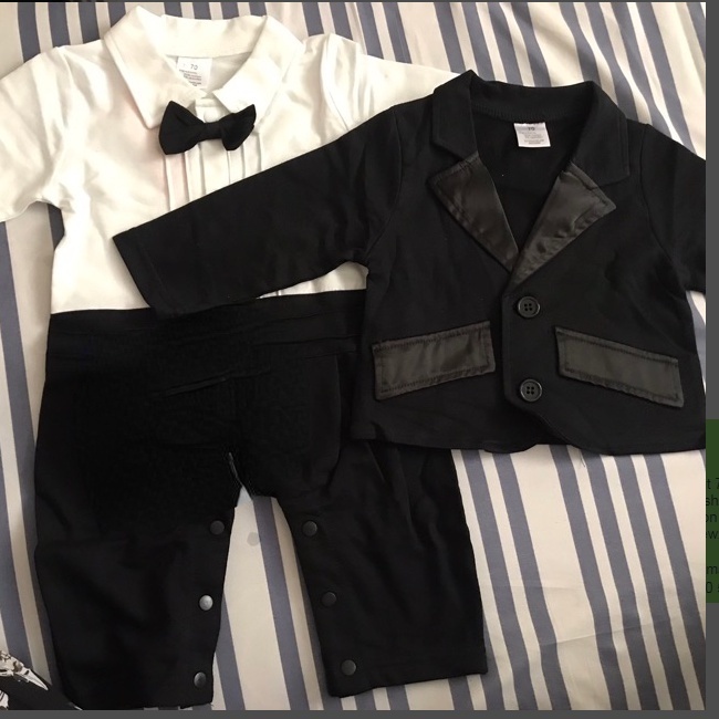 New Born Baby Clothes Set Boss Baby Costume Long Sleeve Jumpsuit Black Coat Boy Tuxedo Suit Bow