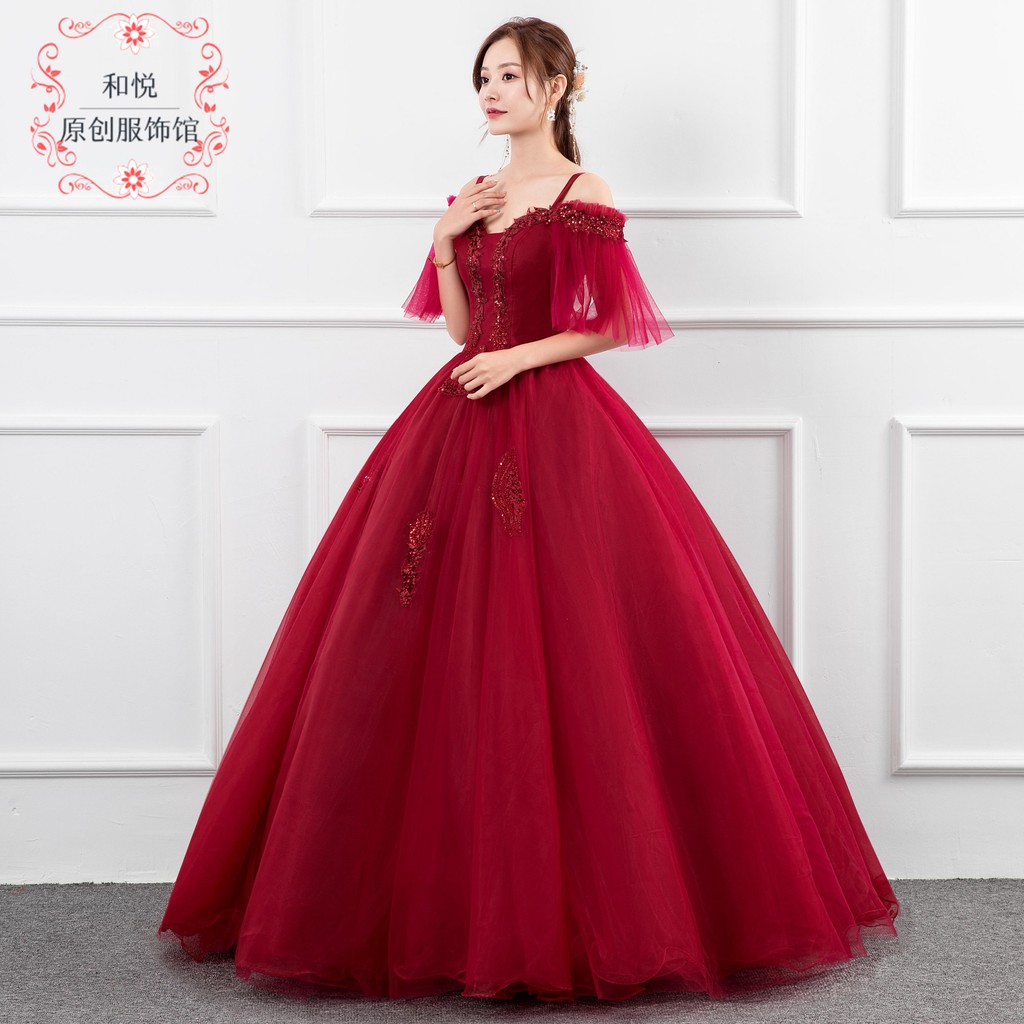 Xs 3xl Off Shoulder Red Wine Maroon Puffy Fairy Tale Bride Wedding