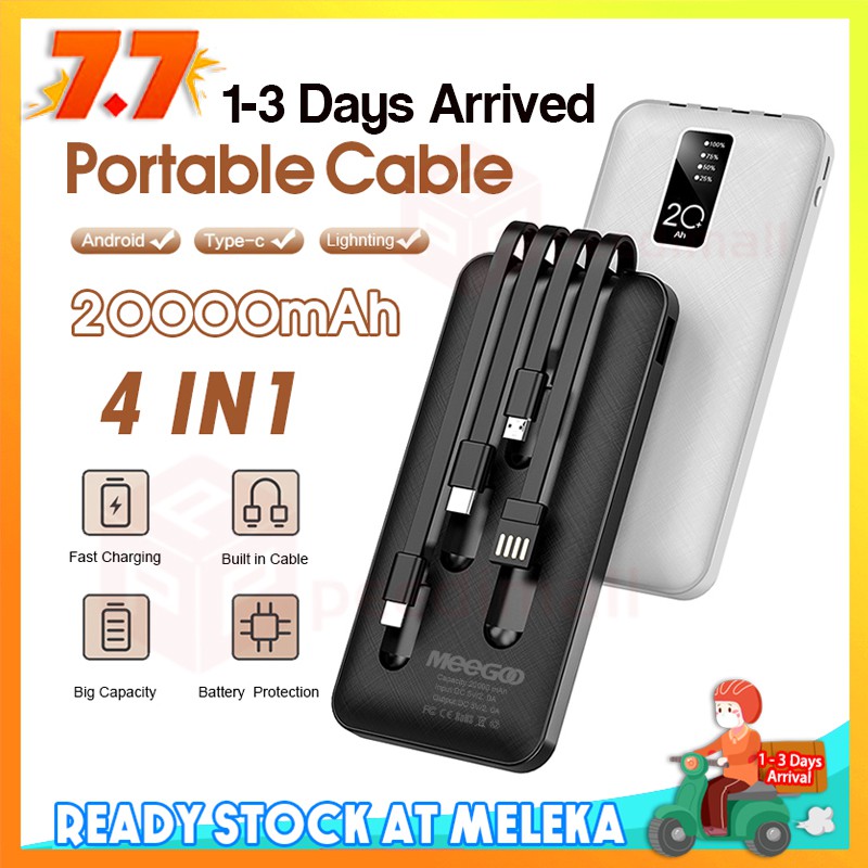 Portable 20000mAh Powerbank 4 Output Built In Cable Power Bank Fast