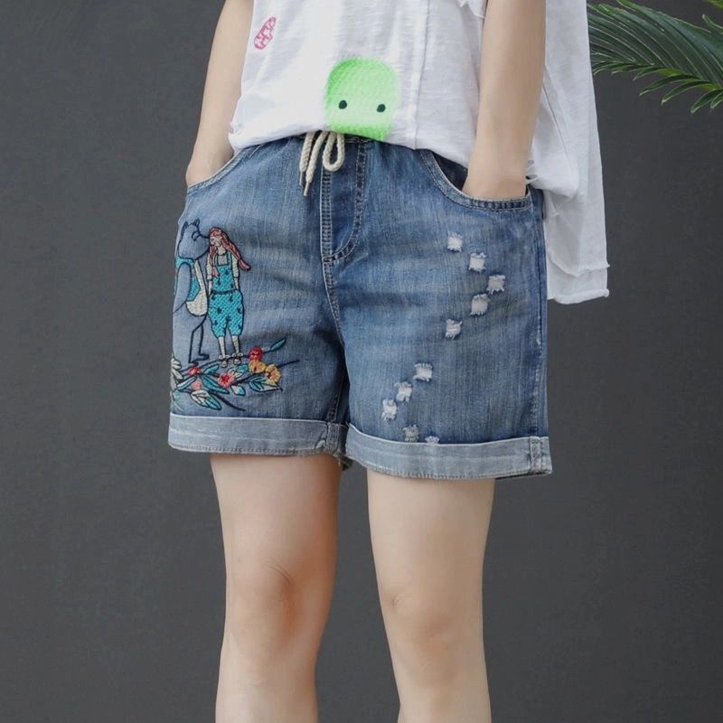 elastic denim shorts womens