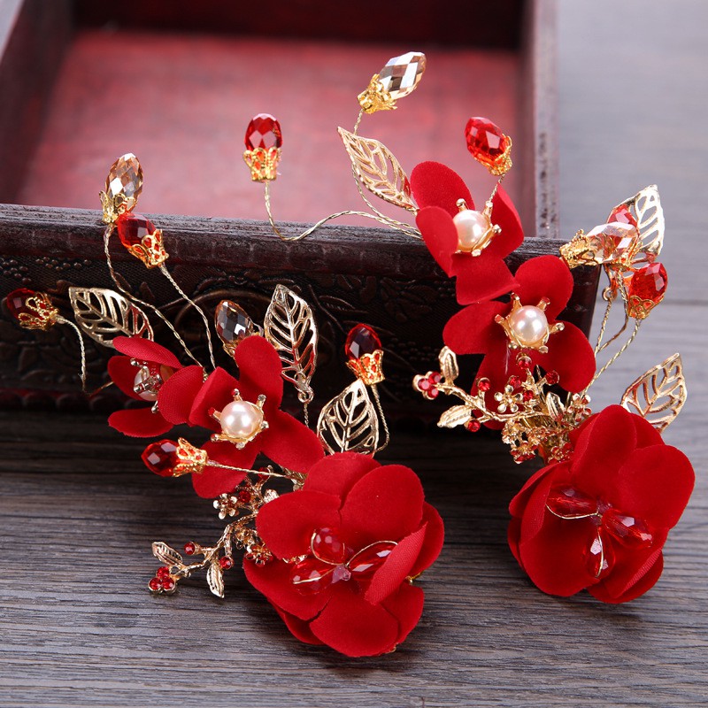 Red Hair Clip Bride Wedding Children Flower Handmade Tiara Hair