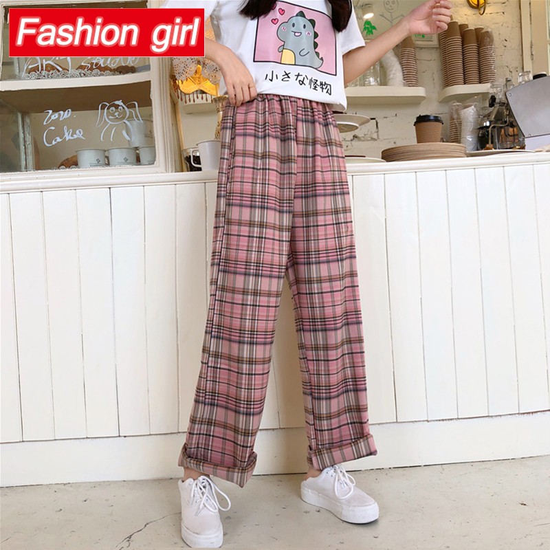 plaid elastic waist pants