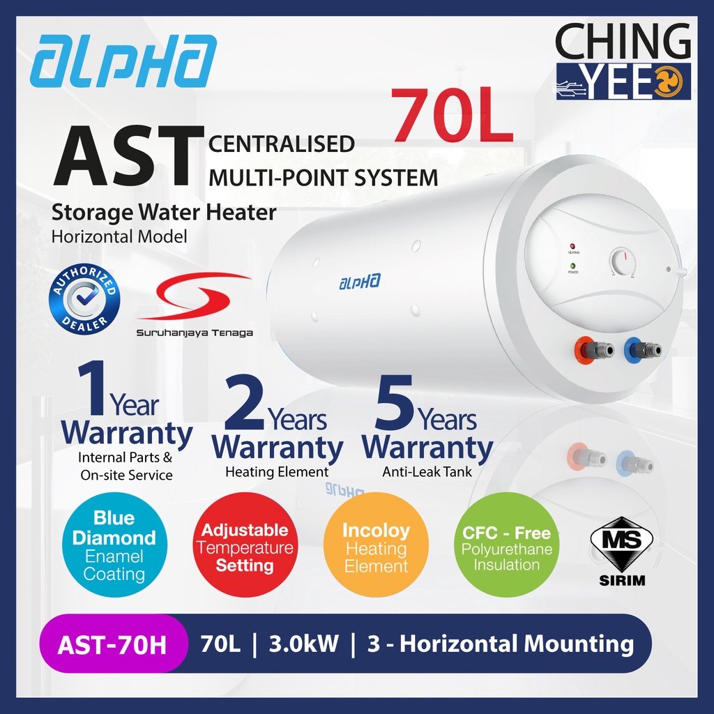 Alpha Storage Water Heater AST70H 70L Horizontal Model Blue Diamond