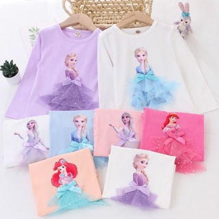Frozen Elsa Sofia 3D Tshirt Top Glitter Sequin Lace Long Sleeves Baju Budak Perempuan Cotton T-Shirt