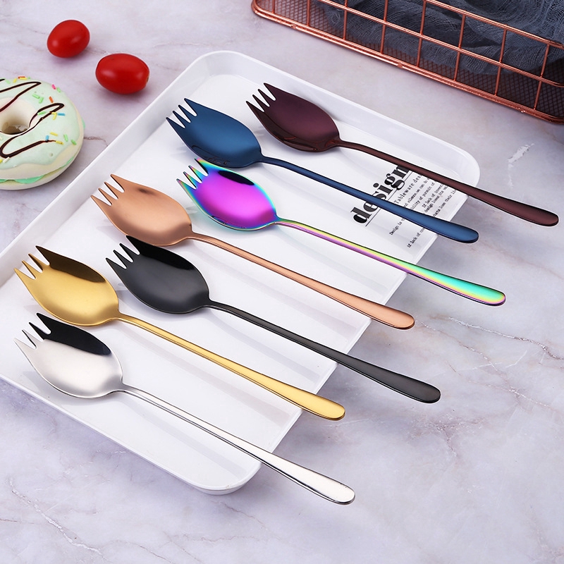 304 stainless steel salad spoon fork Korean long handle fruit spoon ...