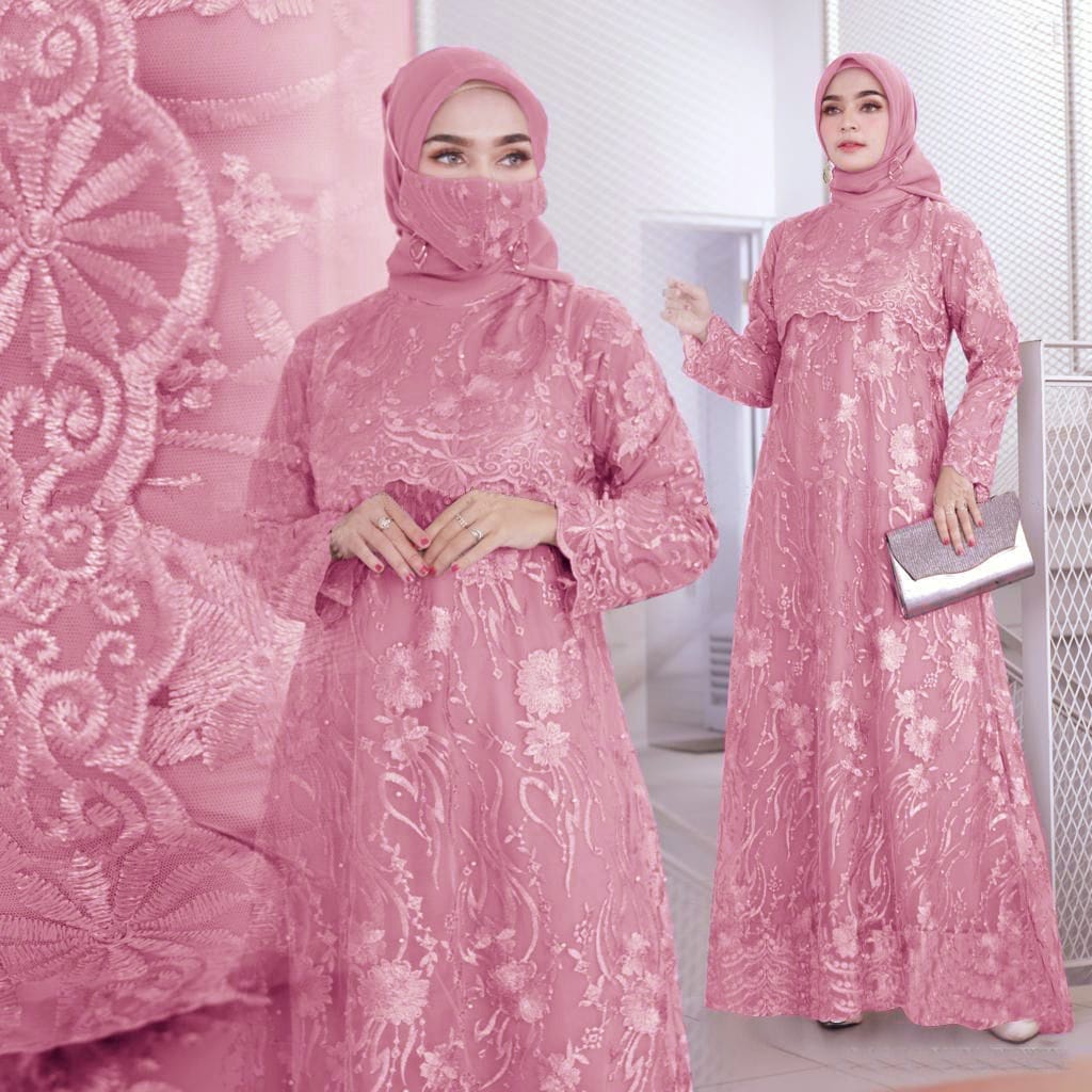 SORAYA GAMIS FULL BRUKAT FREE MASKER / GAMIS FULL FRONT BACK BRUKAT TILE PEARL IMPORTED / MUSLIM GAMIS KONDANGAN PARTY