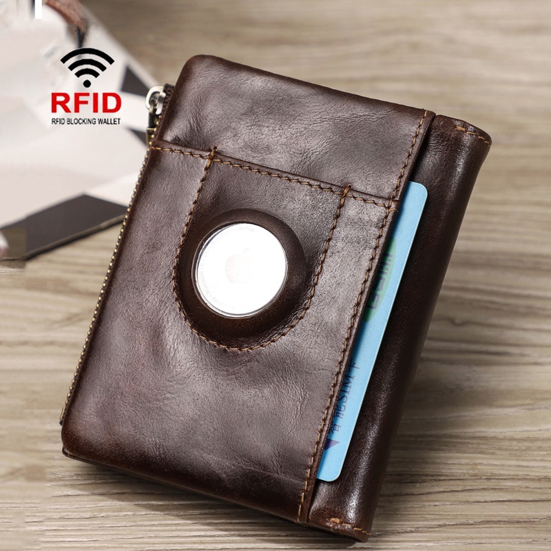 Rfid Zipper Luxury Genuine Leather Wallet With Airtag Case Men Women ...