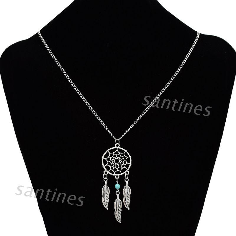 san* Women's Dangling Leave Charms Filigree Tribal Dream Catcher Pendant Necklace