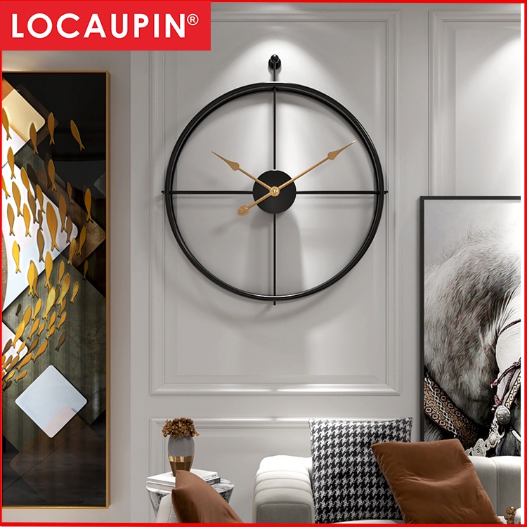 Locaupin Large Wall Clock Black Metal Battery Operated Wall Clock