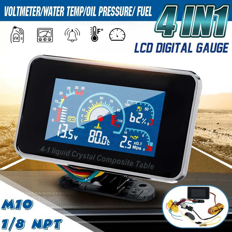 NCElec 4 in 1 Car LCD Digital Voltmeter Water Temp Oil Pressure Fuel Gauge 