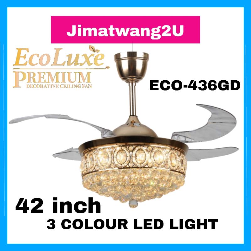 shopee: ECOLUXE DC Motor Chandelier Ceiling Fan Crystal Fan 42'' 3 Colour LED Light 6 Speed C/W Remote Control Invisible Blades (0:0::;0:0::)