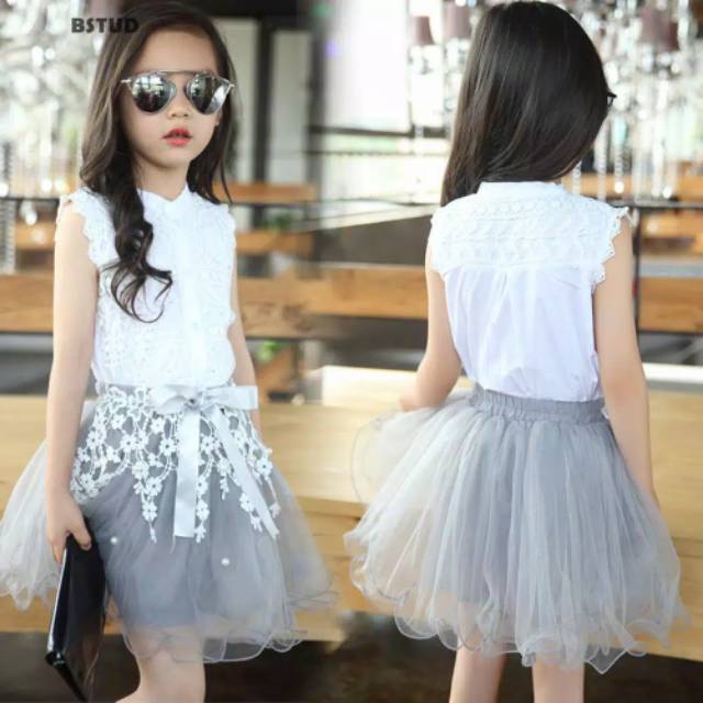 KEMEJA IMPORTED GIRLS' SET KUTUNG SHIRT WHITE LACE SKIRT TUTU GREY PEARL LACE APPLICATION