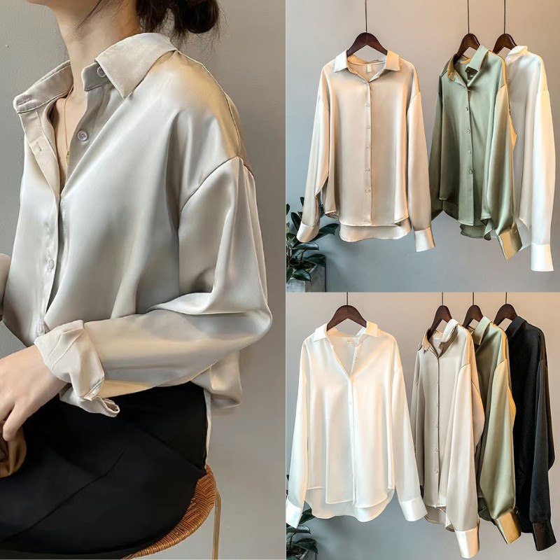 Satin Long Sleeve Shirt Women Spring and Autumn New Loose Drooping ...