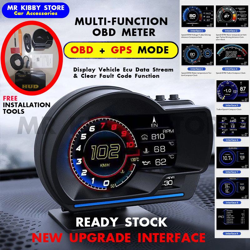 ‼️Ready Stock‼️ Latest Version CBW P6 OBD+GPS OBD2 Meter Digital Alarm Speed Gauge display Hud Meter Water temp RPM OBD