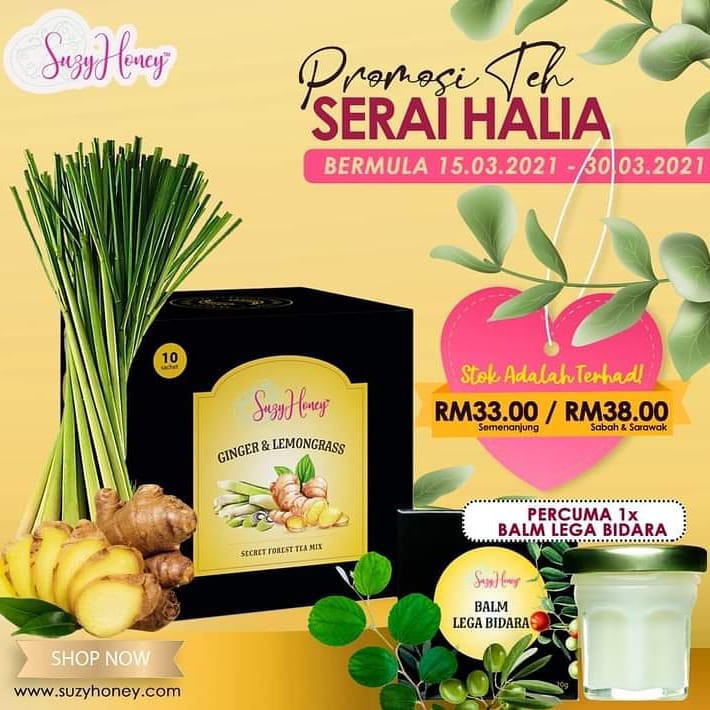 Teh Serai Halia Suzyhoney Turunkan Berat Buang Angin Kebas Kempis Perut Buncit Migraine Malaysia