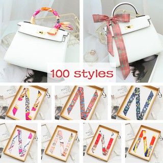(Ready Stock )Silk Ribbon Bag Tied Handle Ribbon Scarf Ladies' Twilly Long Skinny Scarves Print Bag Tied Handle Small Neck Scarf