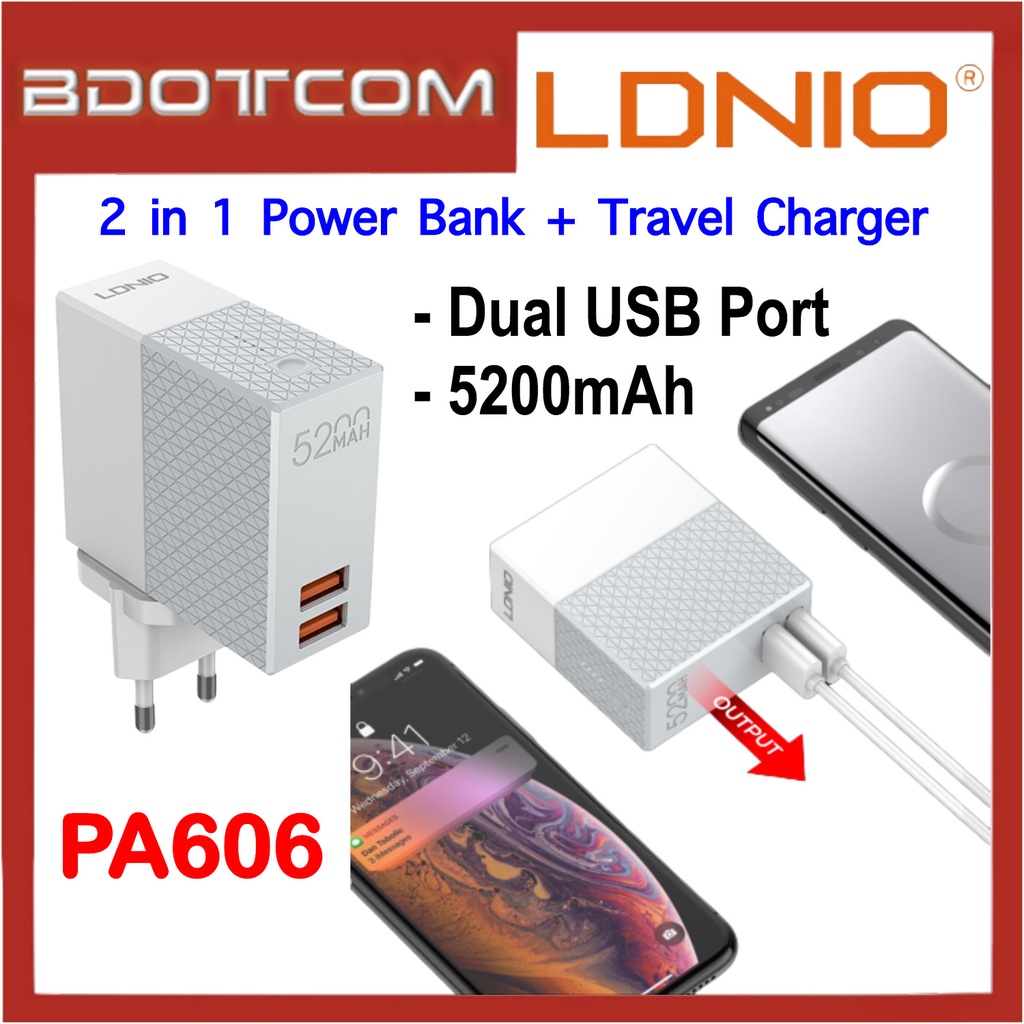 LDNIO PA606 2 in 1 5200mAh Power Bank + Dual USB Ports Travel Wall Charger Shopee Malaysia