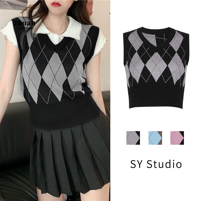 Zuoan Vintage Contrast Rhombic Knitted Sleeveless Shirt Vneck Crop