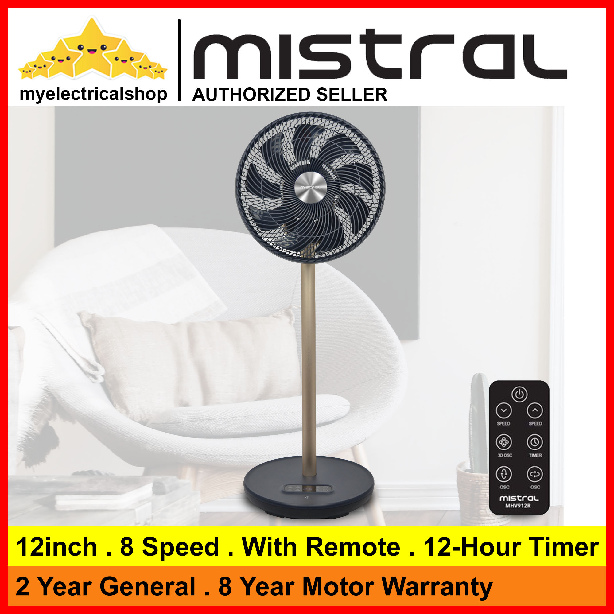 Mistral MHV912R Silent DC Motor High Velocity Stand Fan With Remote Control ( 12 inch ) BLACK