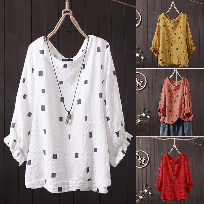 🎀🎀ZANZEA Women Printed Long Sleeve Crew Neck Dot Casual Blouse🎀🎀 ...