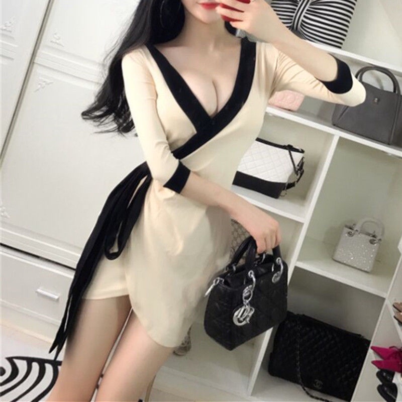 Low cut tight nightclub sexy dress cross deep V-neck shows thin temperament nightclub open chest and hip skirt