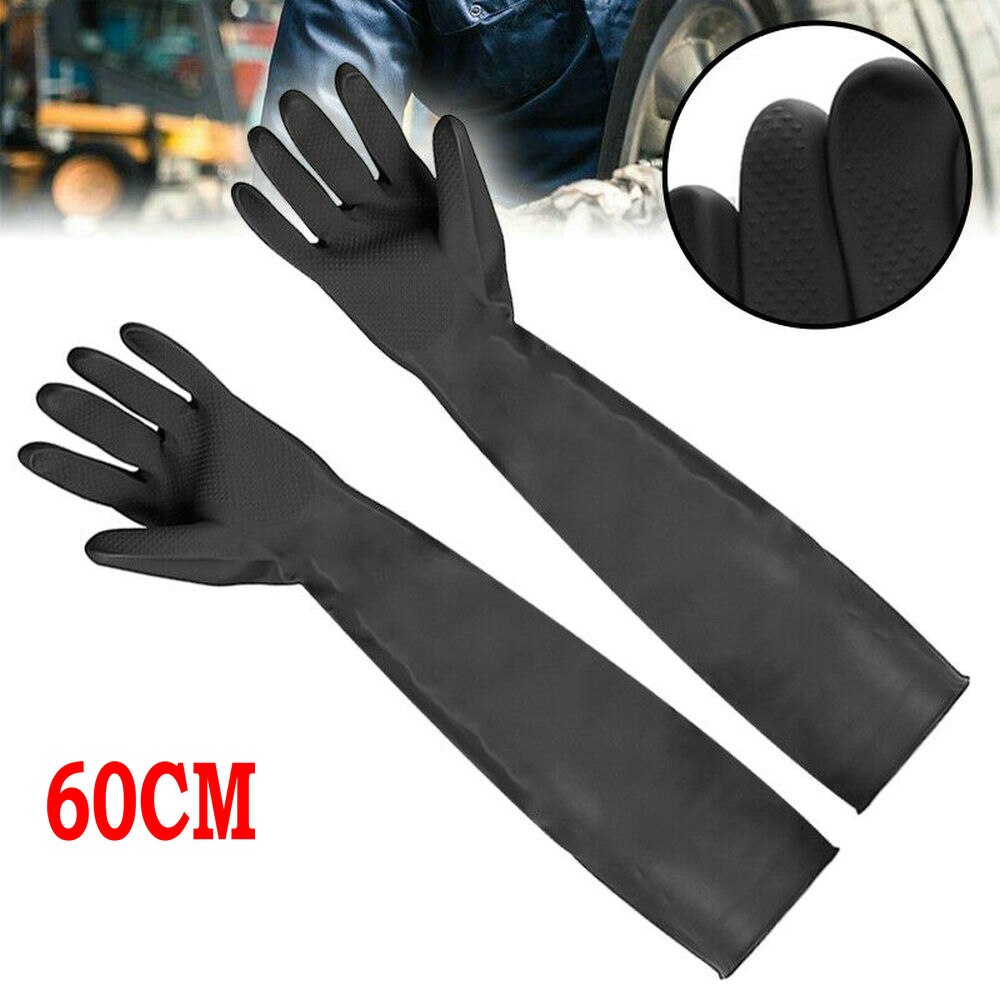 1 Pair Black Natural Rubber Gloves Acid Alkali Resistant Chemical Gauntlet FEH 