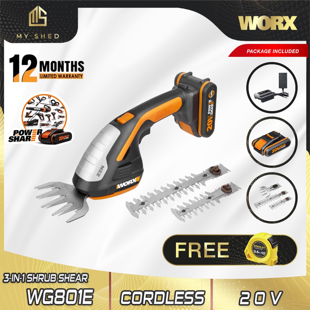 WORX WG801E 20V Zen Cordless Shrub/Grass Shear (WG801, WG801E) Shopee