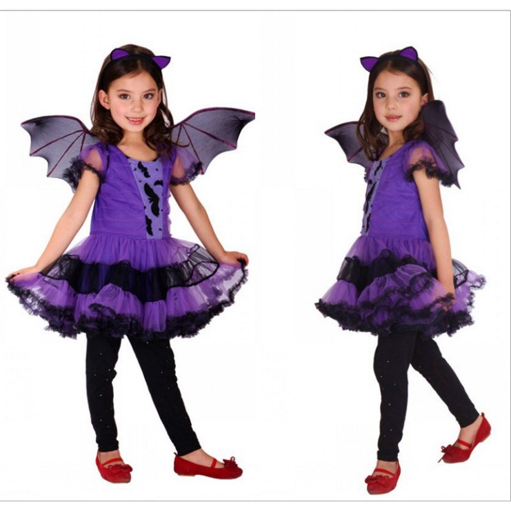 Kids Girls Halloween Party Ball Gown Costume Dress+Hair Hoop+Bat Wing Outfits UK