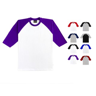 purple and white raglan shirt