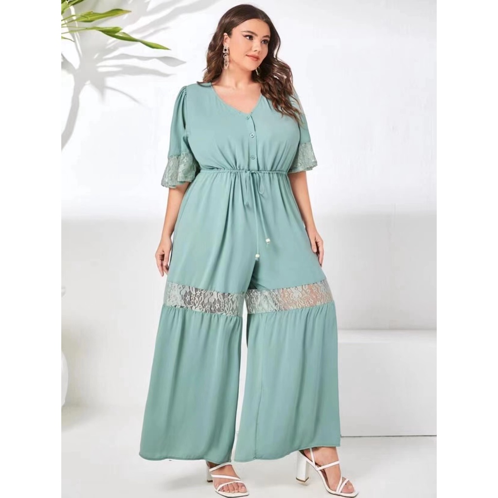 Plus Size Casual Elegant Solid Color Sleeve V-neck Jumpsuit