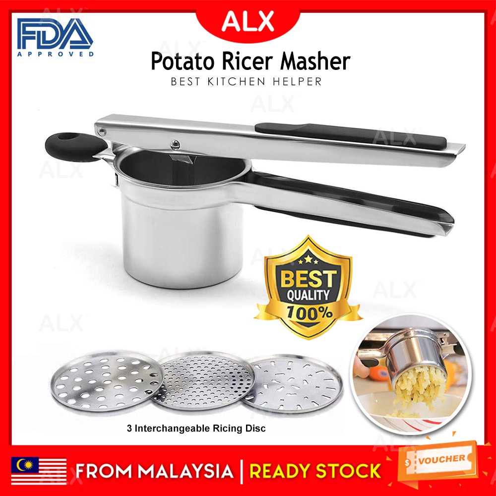 ALX Stainless Steel Potato Ricer Masher Food Press Strainer wt 3 Pieces Ricing Discs