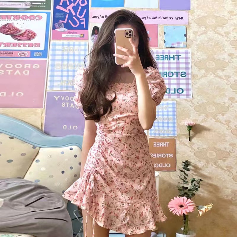 Summer temperament sweet pink floral waist slim drawstring pleated square neck mini dress