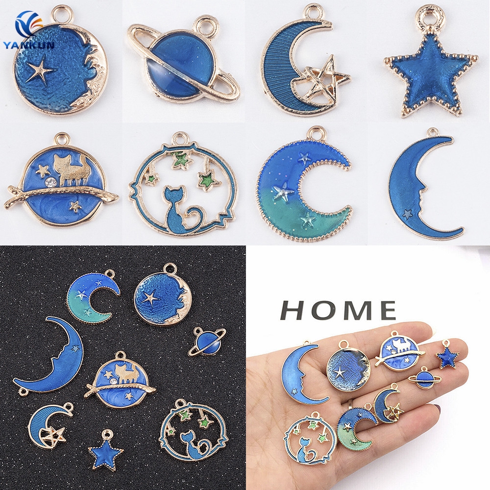 8PC Cute Moon/Star/Planet Enamel Charm Pendant For DIY Earrings/Bracelet Craft 