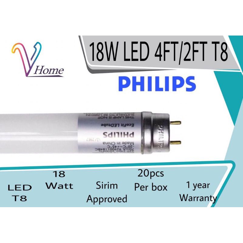 PHILIPS ECOFIT LED T8/18W 4FT /2FT 8W GLASS TUBE 20PCS PER BOX | Shopee ...