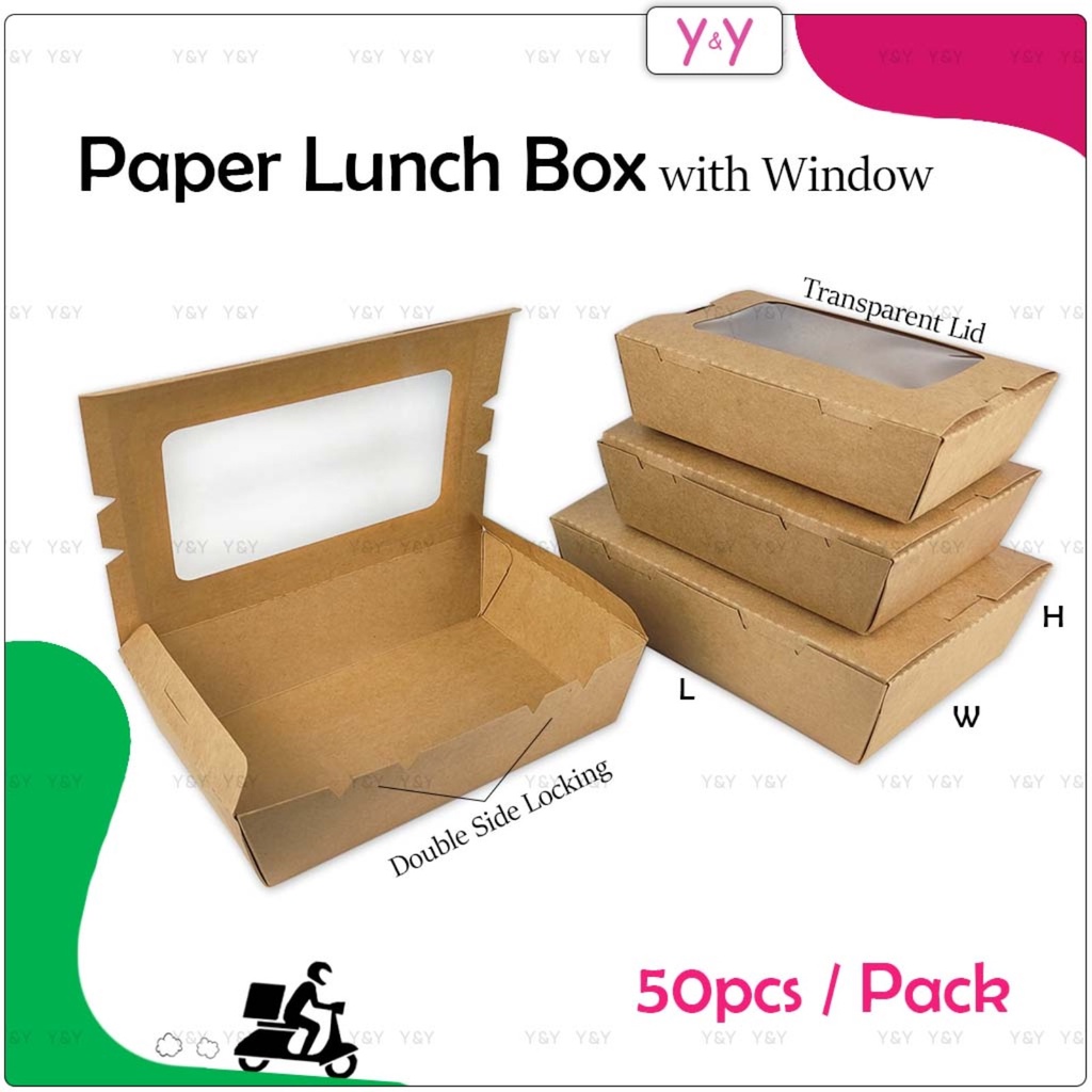 50pcs Disposable Brown Paper Lunch Box with Window / Take Away Food ...