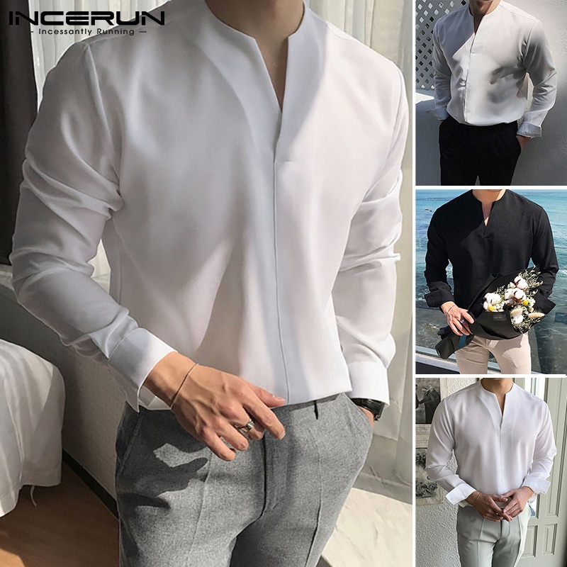 Essential Durable INCERUN Men's Fashion Korean Style V Neck Long Sleeves Leisure Soft Shirts Have - Image 3