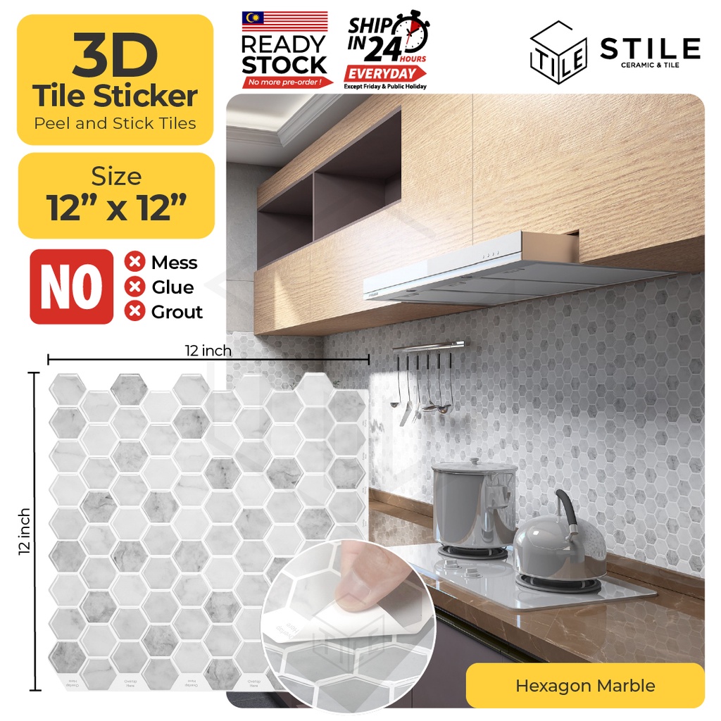 Hexagon Marble 3D Tiles Sticker Kitchen Bathroom Wall Tiles Sticker Self  Adhesive Backsplash Mosaic 12X12 Inch | Shopee Malaysia