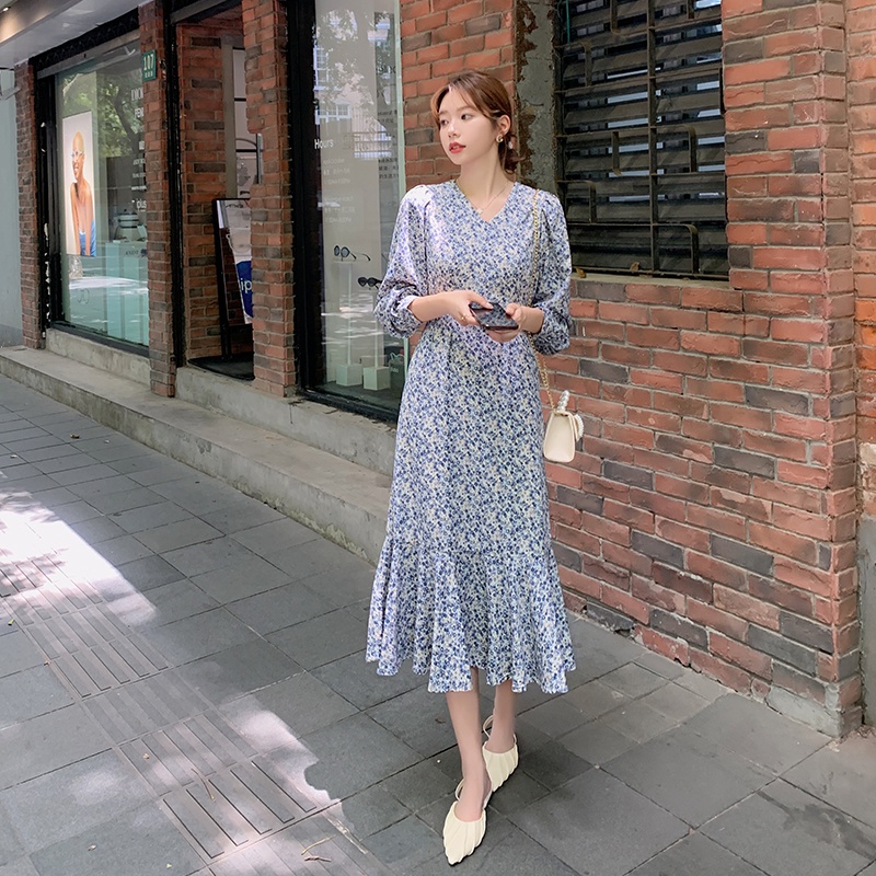 Blue fishtail floral dress women 2023 new French long-sleeved V-neck dress