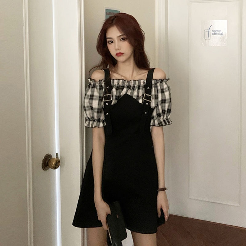 【Ready Stock】 Strap Skirt Women's 2021 Summer New One-Line Neck Skirt Student Short Sleeve Plaid Plaid Receiving Waist Thin Dress Dress